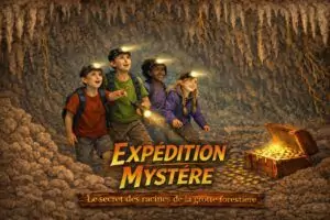 enfants dans la grotte avec les stalactites et le trésor de pièces d'or