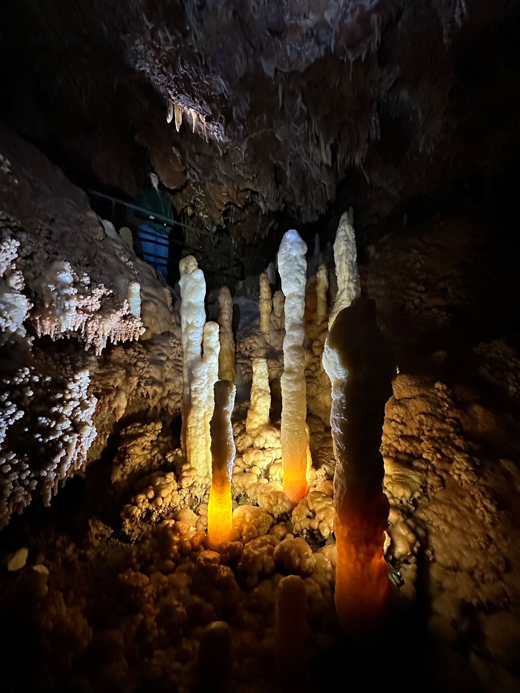 Stalagmites-eclairees-visiteur