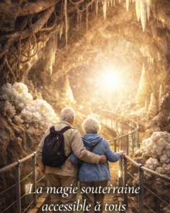 couple de personnes âgées qui visitent une grotte avec des racines et des choux-fleurs