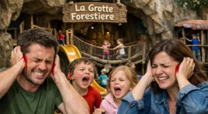 parents avec les oreilles qui saignent à cause des enfants qui hurlent car ils ne veulent pas partir de la grotte forestière