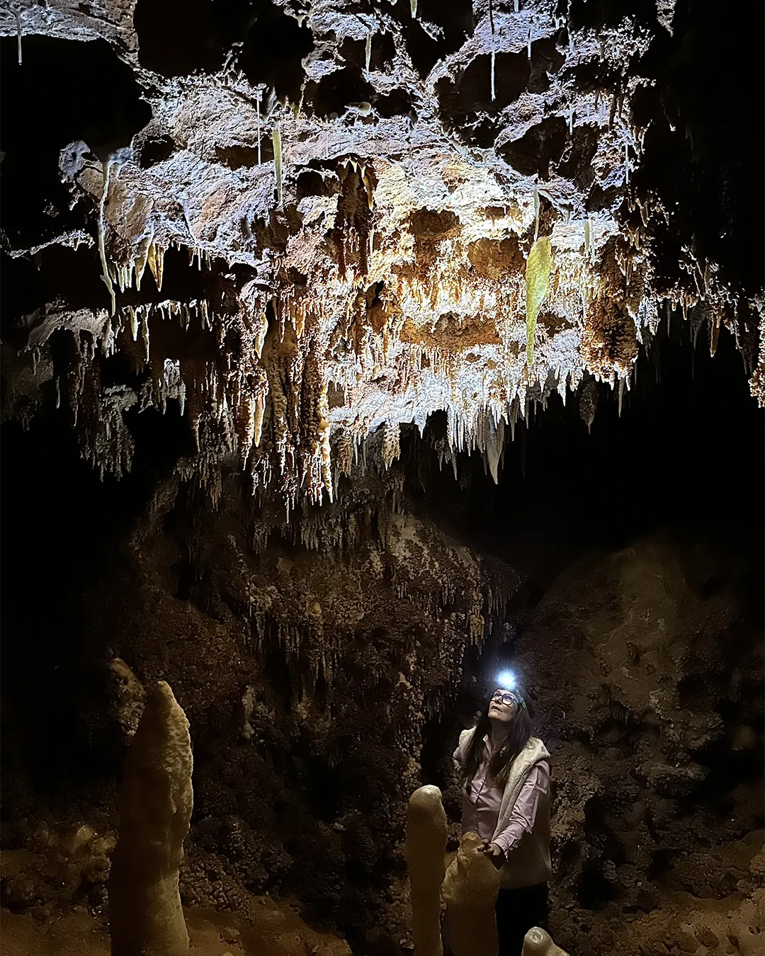 visiteur au pieds des stalagmites éclairées qui regarde au plafond les fistuleuses